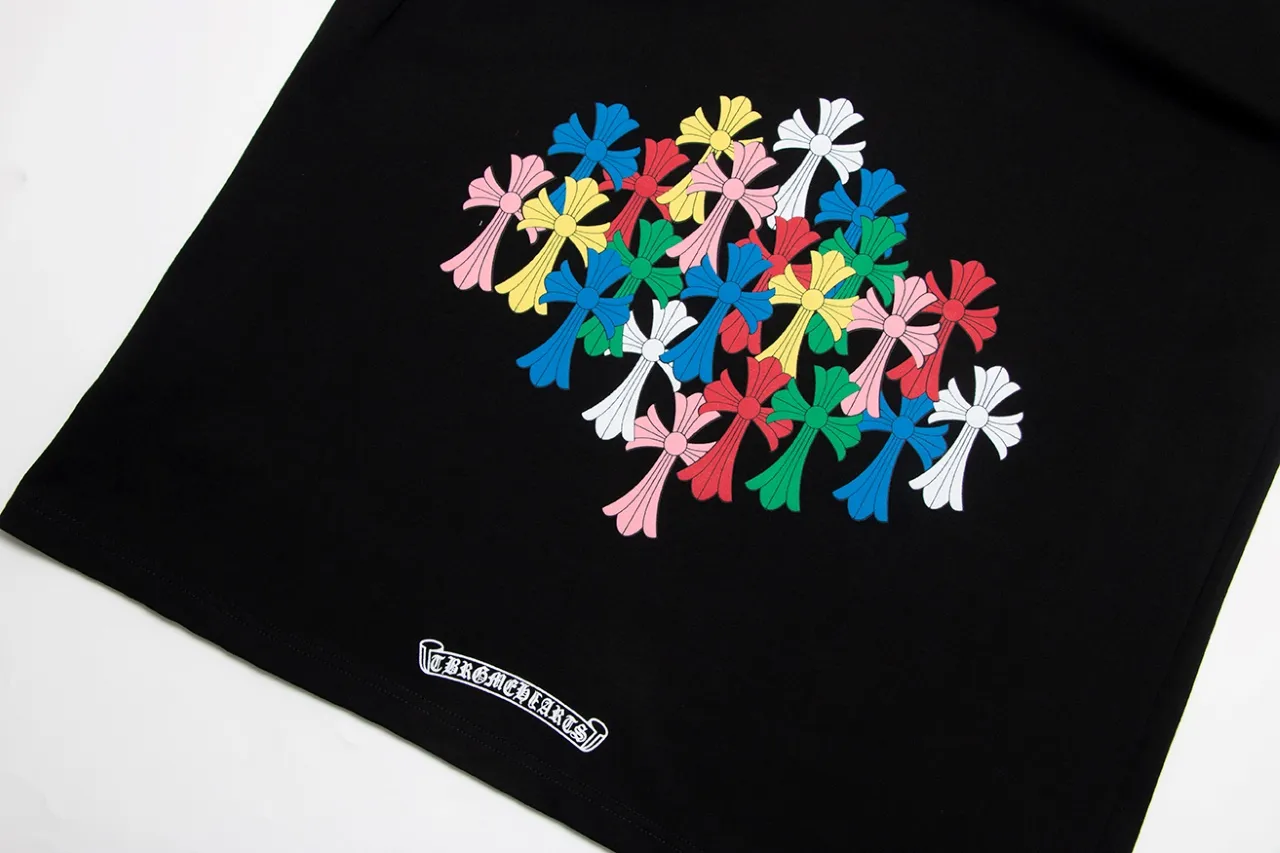 P150 Chrome Hearts Sanskrit Rainbow Horseshoe Print Cross Short Sleeves Size: SMLXL Color: Black White